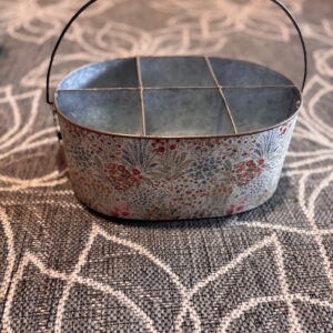 Floral Galvanized Metal Caddy with Wooden Handle